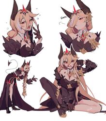  absurdres bent_over bianka_durandal_ataegina bianka_durandal_ataegina_(nibelungen_traumlied)_(honkai_impact) bianka_durandal_ataegina_(palatinus_equinox) black_dress black_gloves blonde_hair braid braided_ponytail breasts dress female gloves hair_between_eyes highres honkai_(series) honkai_impact_3rd horns large_breasts long_hair long_sleeves looking_at_viewer looking_away lower_teeth_only mararu multicolored_hair multiple_views open_mouth red_eyes simple_background sitting standing streaked_hair tail teeth upper_teeth_only very_long_hair white_background white_hair 