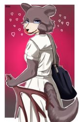  absurd_res anthro antlers ass beastars black_nose blue_eyes breasts butt_pose canid canine canis clothed clothing exiledframe28 female fully_clothed fur furgonomics heart_symbol hi_res horn juno_(beastars) licking licking_lips licking_own_lips looking_at_viewer looking_back mammal pose self_lick solo tongue tongue_out wolf 