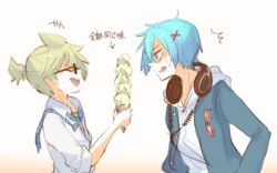  +++ 2boys ^^^ blonde_hair blue_hair blue_jacket cable closed_eyes commentary food glasses hair_ornament hairclip headphones headphones_around_neck holding holding_food hood hoodie ice_cream ice_cream_cone jacket kagamine_len kaito_(vocaloid) laughing male_focus miso23so multiple_boys nail_polish necktie open_mouth plaid_neckwear project_diva_(series) school_jersey_(module) school_uniform_parka_(module) shirt short_ponytail smile spiked_hair sweat too_many too_many_scoops translated vocaloid white_hoodie white_shirt yellow_nails 