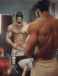  1boy abs aenaluck artist_name bara beard black_hair carlnes_(aenaluck) closed_eyes closed_mouth ellana_(aenaluck) facial_hair female highres holding holding_toothbrush indoors large_pectorals lolicon male_focus muscular muscular_male navel nipples original pectorals red_hair short_hair toothbrush toothpaste towel towel_around_waist uncle_and_niece 