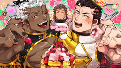  3boys apron bad_id bad_pixiv_id bara black_bodysuit blue_halo blush bodysuit cake cherry closed_eyes collared_cape commentary_request dark-skinned_male dark_skin doughnut fang_out fire flaming_halo flower food fruit halo heart highres incoming_food israfil_(housamo) kizami_nori_to_yamaimo male_focus multiple_boys nether_angel_(housamo) oerba_yun_fang open_mouth pancake partial_commentary pectoral_cleavage pectoral_docking pectoral_press pectorals rose signature skin_tight sparkle spoken_blush spoken_heart strawberry sweatdrop tokyo_afterschool_summoners twitter_username zabaniyya_(housamo) 