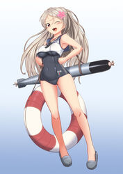  ;d alternate_costume blue_background bracelet breasts brown_eyes conte_di_cavour_(kancolle) cosplay crop_top female flower full_body gradient_background grey_hair hair_flower hair_ornament holding holding_torpedo jewelry kantai_collection large_breasts lifebuoy long_hair long_sleeves looking_at_viewer md5_mismatch moke_ro old_school_swimsuit one-piece_swimsuit one_eye_closed open_mouth oppai_loli ro-500_(kancolle) ro-500_(kancolle)_(cosplay) sailor_collar sailor_shirt school_swimsuit school_uniform serafuku shirt smile solo swim_ring swimsuit swimsuit_under_clothes torpedo two_side_up 