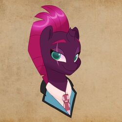  1:1 2022 artharuhi bow_tie broken_horn bust_portrait clothing digital_media_(artwork) equid equine eye_scar eyebrows eyelashes facial_scar female feral friendship_is_magic green_eyes hair hasbro hi_res horn mammal my_little_pony my_little_pony:_the_movie_(2017) mythological_creature mythological_equine mythology pink_hair portrait purple_body scar smile solo suit tempest_shadow_(mlp) thick_eyebrows unicorn uniform 