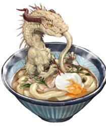  absurdres bowl chopsticks claws commentary_request dragon eating egg egg_yolk food food_focus highres holding holding_chopsticks holding_spoon monster no_humans noodles original ramen simple_background sitting solo spoon tapioka_chaso udon white_background yellow_eyes 