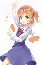  :o arm_up blue_dress bow commentary detached_wings dress female hand_up highres hoshino_hinata kurokuro_illust leg_up long_sleeves medium_hair motion_lines one_side_up open_mouth orange_eyes orange_hair orange_wings red_bow sailor_collar sailor_dress simple_background solo v v-shaped_eyebrows watashi_ni_tenshi_ga_maiorita! white_legwear wings 