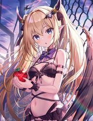  akabane_(zebrasmise) apple arm_strap armpit_crease backlighting bare_shoulders black_bra black_choker black_panties blonde_hair blue_eyes bow bowtie bra breasts chain-link_fence choker commentary cowboy_shot demon_girl demon_horns demon_tail demon_wings feathered_wings female fence food frilled_bra frilled_panties frills front-tie_bra front-tie_top fruit hair_ornament hair_ribbon hairclip halo highres holding horns lingerie long_hair looking_at_viewer navel original outdoors panties parted_lips pointy_ears ribbon small_breasts solo stomach sunlight symbol-only_commentary tail underwear underwear_only very_long_hair wings wrist_cuffs 