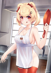  :q animal_ears animal_print apron arknights bare_arms bare_shoulders bear_ears bear_print blonde_hair blush breasts candy_hair_ornament cleavage collarbone commentary cowboy_shot dated faucet female food-themed_hair_ornament frying_pan gummy_(arknights) hair_ornament hairclip hand_up heart heart-shaped_pupils highres holding holding_frying_pan indoors kitchen large_breasts looking_at_viewer naked_apron orange_thighhighs red_eyes short_hair signature smile solo standing symbol-shaped_pupils thighhighs tongue tongue_out white_apron yatsucchie 