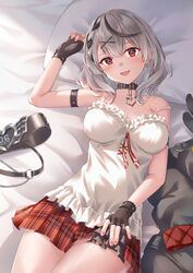  :d arm_strap bare_shoulders bed_sheet belt black_coat black_gloves black_hair blush braid breasts camisole coat collar collarbone dress ear_piercing female fingerless_gloves frills gloves grey_hair hair_ornament hairclip heart highres hololive large_breasts looking_at_viewer lying md5_mismatch miniskirt multicolored_hair oerba_yun_fang on_back on_bed open_mouth piercing plaid plaid_skirt pleated_skirt red_eyes red_skirt sakamata_chloe sakamata_chloe_(1st_costume) sebu_illust short_hair skirt smile solo strapless strapless_dress two-tone_hair unworn_belt unworn_coat virtual_youtuber x_hair_ornament 