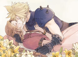  1boy aerith_gainsborough ancotsubu armor belt blonde_hair blue_shirt bracelet braid braided_ponytail brown_hair choker closed_eyes cloud_strife couple dress earrings female field final_fantasy final_fantasy_vii final_fantasy_vii_remake flower flower_field hair_between_eyes hair_ribbon hand_on_another&#039;s_chest hand_on_another&#039;s_head highres jacket jewelry kissing long_dress long_hair muscular muscular_male parted_bangs pink_dress protected_link red_jacket ribbon shirt shoulder_armor sidelocks single_earring sleeveless sleeveless_turtleneck spiked_hair straight suspenders turtleneck upper_body watermark wavy_hair white_background yellow_flower 