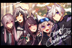  2girls 3boys adnachiel_(arknights) animal_ears ansel_(arknights) arknights blush cardigan_(arknights) cat_ears christmas christmas_tree commentary english_text goggles goggles_on_head hair_between_eyes hair_ornament halo hand_on_another&#039;s_shoulder hat highres holly jacket long_hair melantha_(arknights) mirin_chikuwa multiple_boys multiple_girls necktie one_eye_closed open_mouth pink_eyes pink_hair purple_eyes purple_hair rabbit_boy rabbit_ears smile steward_(arknights) white_hair yellow_eyes 