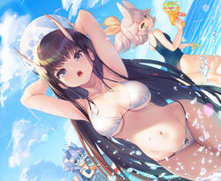  3girls :d :o animal_ears armpits arms_behind_head arms_up ass azur_lane ball beachball bikini black_hair blue_eyes blue_one-piece_swimsuit blunt_bangs bow bow_bikini breasts bubble_gun chibi cleavage collarbone commentary_request dual_wielding dutch_angle finger_on_trigger flat_chest goggles green_eyes grey_hair groin hairbow holding horizon horns i-13_(azur_lane) inflatable_shark inflatable_toy kitakaze_(azur_lane) leg_up lens_flare light_purple_hair long_hair looking_at_viewer looking_back medium_breasts multiple_girls navel noshiro_(azur_lane) ocean one-piece_swimsuit oni_horns open_mouth outdoors partially_submerged pondel ponytail purple_eyes ribbon school_swimsuit sidelocks skindentation sky smile snorkel swept_bangs swimsuit underboob uvula very_long_hair water water_drop water_gun white_bikini wide_hips yellow_bow 