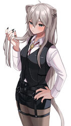  ahoge animal_ears bad_id bad_pixiv_id black_nails black_pantyhose black_shorts black_vest blush breasts closed_mouth collared_shirt commentary_request cowboy_shot dress_shirt ear_piercing expressionless female grey_eyes grey_hair hair_between_eyes hand_on_own_hip highres holding holding_own_hair hololive jewelry lion_ears lion_girl lion_tail long_hair long_sleeves medium_breasts moonbell nail_polish o-ring official_alternate_costume official_alternate_hairstyle pantyhose pantyhose_under_shorts pendant piercing shirt shirt_tucked_in shishiro_botan shishiro_botan_(button-down) short_shorts shorts simple_background skindentation solo straight_hair tail thigh_strap vest virtual_youtuber white_background white_shirt wing_collar 