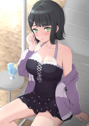  absurdres beach black_hair black_one-piece_swimsuit blunt_bangs blurry blurry_background blush breasts casual_one-piece_swimsuit chair cleavage collarbone commentary_request covered_navel cross-laced_clothes cross-laced_one-piece_swimsuit cup drinking_straw female flipped_hair food frilled_one-piece_swimsuit frills fruit green_eyes hair_ornament hairclip hand_rest hand_up highres jacket jacket_over_swimsuit large_breasts lemon lemon_slice link!_like!_love_live! long_sleeves looking_at_viewer lounge_chair love_live! momose_ginko off_shoulder official_alternate_costume official_alternate_hairstyle on_chair one-piece_swimsuit open_clothes open_jacket parted_lips partial_commentary polka_dot_one-piece_swimsuit purple_jacket shade short_hair sitting solo sweatdrop swimsuit virtual_youtuber zanpon 