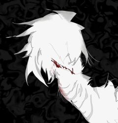  abstract_background animal_focus black_background blood blood_on_face blood_on_mouth highres kamikiririp no_humans original portrait solo striped_fur white_fur white_hair 