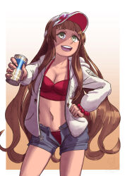  absurdres beer_can bikini bikini_under_clothes blue_shorts blunt_bangs breasts brown_hair can denim denim_shorts drink_can female green_eyes hand_on_own_hip hat helena_(kancolle) helena_(swimsuit_mode)_(kancolle) highres hood hooded_jacket jacket kantai_collection long_hair medium_breasts official_alternate_costume one-hour_drawing_challenge open_fly open_mouth pink_hat red_bikini ron_(pixiv83091338) round_teeth shorts smile solo swimsuit teeth upper_teeth_only visor_cap white_jacket 