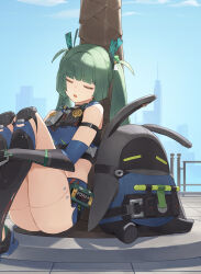  arm_guards bangboo_(zenless_zone_zero) bare_shoulders blunt_bangs braided_sidelock breasts closed_eyes cotta_(heleif) cropped_vest elbow_gloves female gloves green_hair highres knee_pads long_hair open_mouth police_badge qingyi_(zenless_zone_zero) securityboo_(zenless_zone_zero) shin_guards shorts sidelocks sleeping small_breasts thighs twintails vest zenless_zone_zero 