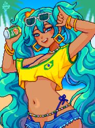  absurdres aqua_eyes aqua_hair arms_up artist_name aseprite_(medium) beach bead_choker belly_chain bikini blue_bikini bracelet brazilian_flag brazilian_miku cutoffs earrings eyewear_on_head female gold_earrings guarana_antarctica hatsune_miku highres jewelry long_hair multiple_bracelets outdoors palm_tree pixel_art rectangular_earrings shaka_sign shirt side-tie_bikini_bottom solo swimsuit tan tree twintails very_long_hair vocaloid white-framed_eyewear yellow_shirt yumykon 