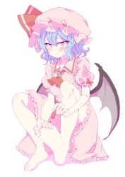  :/ absurdres applying_manicure ascot barefoot bat_wings bloomers blue_hair blush bow breasts closed_mouth commentary_request double-parted_bangs feet female frilled_shirt_collar frilled_skirt frills frown full_body gem green_gemstone hair_between_eyes hat hat_bow highres knees_up looking_at_viewer medium_hair mob_cap pink_eyes pink_hat pink_shirt pink_skirt puffy_short_sleeves puffy_sleeves raised_eyebrows red_ascot red_bow remilia_scarlet sanpaku seika_okawari shirt short_sleeves shy simple_background sitting skirt sleeve_bow soles solo split_mouth sweatdrop toes touhou wavy_hair white_background wings 