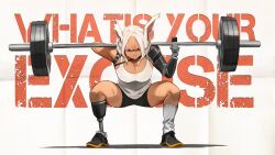  absurdres amputee animal_ears barbell black_footwear black_shorts boku_no_hero_academia dark_skin english_commentary exercising female highres khyle. mechanical_arms mirko shoes short_shorts shorts single_bare_shoulder single_mechanical_arm solo squatting tank_top white_hair white_tank_top 