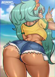  absurdres artist_name ass ass_focus bangle beach belmont_art bikini bikini_under_clothes black_bikini blue_shorts borrowed_design bracelet brazilian_miku breasts commentary crop_top curvy dark-skinned_female dark_skin english_commentary eyewear_on_head female fingernails flower from_behind green_eyes green_hair green_nails hair_flower hair_ornament hatsune_miku highleg highleg_bikini highres jewelry large_breasts long_fingernails long_hair looking_back multiple_bracelets ocean shirt shorts skindentation smile solo standing sunglasses swimsuit thick_thighs thighs underboob underbutt v vocaloid white-framed_eyewear wide_hips yellow_shirt 