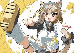  animal_ears apron banana_hair_ornament bell black_bow black_footwear black_jacket black_skirt blunt_bangs blush bow brown_eyes cat_ears cat_girl cat_hair_ornament cat_tail clenched_hand commentary_request cropped_jacket drinking_straw female food-themed_hair_ornament foot_out_of_frame hair_ornament highres holding ice ice_cube jacket jingle_bell kicking konan_mia konan_mia_(3rd_costume) leg_warmers light_brown_hair looking_at_viewer medium_bangs nanashi_inc. open_mouth shoe_soles shoes short_hair signature skirt smile solo tail tail_bell tail_bow tail_ornament tatamiya track_jacket turtleneck virtual_youtuber white_apron white_background white_leg_warmers x_hair_ornament 