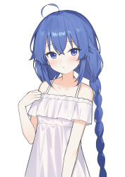  absurdres ahoge blue_eyes blue_hair blush braid closed_mouth collarbone commentary_request crossed_bangs dress female flat_chest hair_between_eyes hand_up highres long_hair looking_at_viewer low_twin_braids mushoku_tensei nagisa_(cxcx5235) pout roxy_migurdia sidelocks simple_background solo standing sundress twin_braids upper_body very_long_hair white_background white_dress 