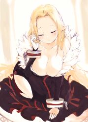  adjusting_hair bare_shoulders black_dress blonde_hair blush breasts chains cleavage closed_eyes closed_mouth collarbone disgaea dress elbow_gloves eyelashes female fur-trimmed_dress fur_trim gloves healer_(disgaea) highres kakuwashi kneeling long_dress long_hair makai_senki_disgaea pointy_ears side_slit smile very_long_hair white_background 