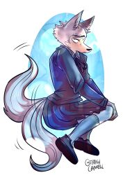  ambiguous_gender anthro beastars blue_background blue_clothing blush blush_lines bottomwear bow_(feature) bow_ribbon calf_socks canid canine canis clothing crossed_legs digital_media_(artwork) eye_scar eyebrows facial_scar facial_tuft footwear full-length_portrait fur grey_body grey_fur hand_on_knee hand_on_leg hi_res inner_ear_fluff legoshi_(beastars) looking_at_viewer mammal motion_lines portrait scar school_uniform shaded shoes signature simple_background sitting skirt solo tail tail_motion tailwag tan_body tan_fur trans_(lore) trans_woman_(lore) trashcamell tuft uniform watercolor_background wolf 