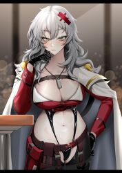  bandeau belt_pouch black_gloves blush breasts chaps chest_strap cleavage clothing_cutout coat coat_on_shoulders cropped_jacket dog_tags female gloves goddess_of_victory:_nikke grey_hair hair_between_eyes hair_ornament hairclip highres jacket large_breasts leotard long_hair messy_hair navel navel_cutout pouch red_bandeau red_jacket solo stomach_cutout white_coat yellow_eyes ymr_yamero yulha_(nikke) 