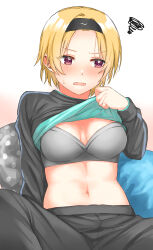  absurdres annoyed averting_eyes black_hairband blonde_hair blue_trim blush bra breasts female grey_bra hairband highres idolmaster idolmaster_shiny_colors jacket kakeru_(fujiwara_kakeru) long_sleeves medium_breasts navel open_mouth pants purple_eyes saijo_juri short_hair simple_background sitting solo sportswear squiggle sweatband sweatdrop track_jacket track_pants track_suit underwear 