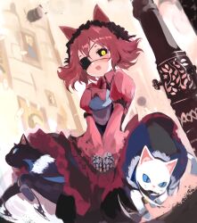  animal_ears ascot black_cat black_sclera blue_eyes blush cape cat_ears colored_sclera commentary_request dynamic_pose eyelashes eyepatch famyu_seeker feline female flipped_hair fur-trimmed_cape fur_trim galleria_no_chika_meikyuu_to_majo_no_ryodan gothic_coppelia hair_between_eyes highres juliet_sleeves kakuwashi long_sleeves oerba_yun_fang open_mouth partial_commentary puffy_sleeves red_ascot running short_hair skin_fang slit_pupils surprised white_cat yellow_eyes 