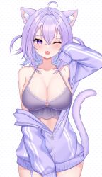  ;d absurdres ahoge animal_ear_fluff animal_ears blush bra breasts cat_ears cat_girl cat_tail cleavage collarbone cowboy_shot demcheg female hair_between_eyes highres hololive jacket large_breasts long_sleeves looking_at_viewer nekomata_okayu one_eye_closed open_mouth partially_unzipped purple_bra purple_eyes purple_hair purple_jacket short_hair simple_background sleeves_past_fingers sleeves_past_wrists smile solo standing tail tongue track_jacket underwear virtual_youtuber white_background zipper 