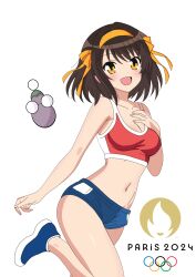  2024_summer_olympics black_hair blue_buruma breasts buruma eggplant english_commentary female hair_ribbon hairband hand_on_own_chest highleg highres logo medium_breasts olympics orange_eyes orange_hairband red_sports_bra ribbon short_hair simple_background sports_bikini sports_bra suzumiya_haruhi suzumiya_haruhi_no_yuuutsu white_background yuiyu_ki 