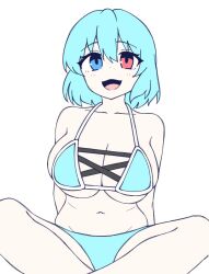  :d alternate_costume arms_behind_back bikini blue_bikini blue_eyes blue_hair blush breasts cleavage collarbone commentary cross-laced_bikini cross-laced_clothes female heterochromia indian_style large_breasts looking_at_viewer navel onkn_sxkn open_mouth red_eyes short_hair simple_background sitting smile solo swimsuit tatara_kogasa touhou white_background 