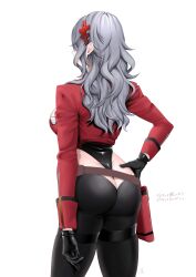  absurdres ass bandeau black_gloves breasts chaps clothing_cutout cropped_jacket female gloves goddess_of_victory:_nikke grey_hair hair_ornament hairclip highres jacket large_breasts leotard long_hair messy_hair red_bandeau red_jacket solo ymr_yamero yulha_(nikke) 