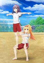  barefoot blonde_hair breasts cloud day gym_uniform headband koshi_anko_(shikanoko) koshi_torako long_hair multiple_girls official_art outdoors running_track shikanoko_nokonoko_koshitantan shirt short_sleeves shorts sky sports_festival toes white_shirt 