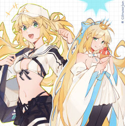  artoria_caster_(fate) artoria_caster_(swimsuit)_(fate) artoria_caster_(swimsuit)_(first_ascension)_(fate) artoria_caster_(swimsuit)_(third_ascension)_(fate) artoria_pendragon_(fate) bag bare_shoulders bikini black_pantyhose black_shorts blonde_hair breasts citrusarjun cropped_jacket crown detached_sleeves dress fate/grand_order fate_(series) female food green_eyes grid_background hand_up highleg highleg_bikini highres holding holding_food holding_ice_cream ice_cream jacket looking_at_viewer multiple_girls multiple_views navel open_mouth pantyhose ponytail shorts shoulder_bag small_breasts smile swimsuit twintails twitter_username white_bikini white_dress white_hair white_jacket wide_sleeves 