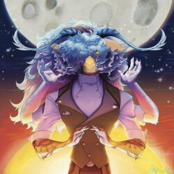  4_arms 4_hands absurd_res anthro claws clothed clothing digital_media_(artwork) fur hair hi_res horn light looking_at_viewer male moon moonlight multi_arm multi_hand multi_limb night rinkamo signature sky smile solo star sun sunlight wolfennecus(world) 