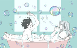  2boys aelys77 antenna_hair barefoot bath bathing bathtub black_hair blowing_bubbles bubble bubble_bath crisis_core_final_fantasy_vii final_fantasy final_fantasy_vii grey_hair long_hair looking_at_another male_focus multiple_boys nude open_mouth parted_bangs sephiroth shared_bathing short_hair smile window yaoi zack_fair 