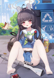  absurdres animal_ears bird black_hair blue_archive blue_serafuku blue_shirt blue_skirt blush fake_animal_ears female food gloves green_neckerchief grey_halo gun halo heiyizhushenxia highres holding holding_food leaf leaf_on_head leaf_print legs_up long_hair miyu_(blue_archive) navel neckerchief outdoors pantyhose recycle_bin red_eyes rifle school_uniform serafuku shirt sitting skirt sniper_rifle solo spread_legs thighband_pantyhose trash_can weapon white_pantyhose 