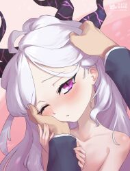  blue_archive blush demon_girl demon_horns ear_blush hand_on_another&#039;s_face hand_on_another&#039;s_head highres hina_(blue_archive) holding_another&#039;s_arm horns kidakash looking_at_viewer multiple_horns nude parted_bangs pov purple_eyes simple_background slit_pupils white_hair 