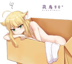  &gt;:( :t absurdres angry animal_ears arashidori_90 artist_name blonde_hair box breasts cardboard_box cat_ears cat_girl completely_nude female green_eyes highres in_box in_container long_hair nude original pout small_breasts unworn_legwear v-shaped_eyebrows 