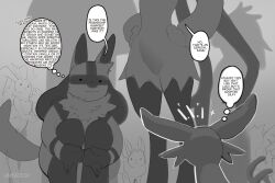  2024 ambiguous_gender anthro crouching dialogue eevee eeveelution english_text espeon female feral flareon fur generation_1_pokemon generation_2_pokemon generation_4_pokemon generation_9_pokemon grey_background greyscale group hi_res long_ears lopunny lucario male meowscarada monochrome neck_tuft nintendo pokemon pokemon_(species) samu_(sincastermon) simple_background sincastermon text thought_bubble tuft vine_(sincastermon) 