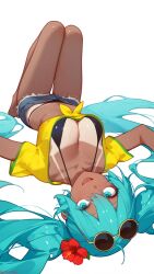  aqua_eyes aqua_hair barefoot bikini bikini_tan bikini_under_clothes black_bikini brazilian_miku breasts cleavage cutoffs dark-skinned_female dark_skin denim denim_shorts eyewear_on_head female flower flower_on_head front-tie_top hands_out_of_frame hatsune_miku hibiscus highres kguy1920 legs_together long_hair looking_at_viewer lying medium_breasts narrow_waist on_back round_eyewear shirt shorts shorts_tan solo sunglasses sweat swimsuit tan tanline_peek tanlines thigh_gap twintails vocaloid white_background yellow-framed_eyewear yellow_shirt 