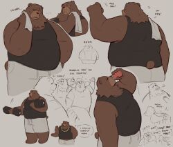  anthro bear belly ben_bigger beverage brown_body brown_fur canned_drink clothing drinking dumbbell english_text exercise facial_scar fur hi_res krunnnnnch male mammal mihoyo missing_eye musclegut muscular overweight scar shirt solo tank_top text topwear towel weightlifting weights workout zenless_zone_zero 