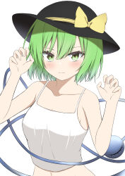  &gt;:) absurdres alternate_costume bare_arms black_hat blush bow breasts camisole claw_pose closed_mouth collarbone commentary_request eyelashes eyes_visible_through_hair female green_eyes green_hair hair_between_eyes hands_up hat hat_bow highres komeiji_koishi looking_at_viewer medium_breasts navel sanpaku short_hair simple_background smile solo straight_hair sun_hat szl third_eye touhou tsurime upper_body v-shaped_eyebrows white_background white_camisole yellow_bow 