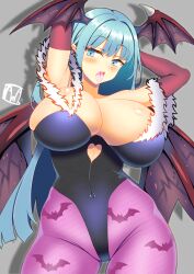  absurdres animal_print arms_behind_back bat_print black_leotard breasts clothing_cutout cutout_above_navel darkstalkers demon_girl demon_wings female green_eyes green_hair grey_background head_wings heart_cutout highres huge_breasts leotard long_hair morrigan_aensland multiple_wings pantyhose print_pantyhose purple_pantyhose shadow simple_background solo tama_(druid22) wings 