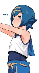  ... absurdres blue_eyes blue_hair blue_pants closed_mouth commentary_request female from_side hairband highres lana_(pokemon) looking_at_viewer no_pupils no_sclera one-piece_swimsuit outstretched_arms pants pokemon pokemon_sm shirt short_hair simple_background sleeveless sleeveless_shirt solo sorian66 swimsuit swimsuit_under_clothes white_background white_shirt yellow_hairband 