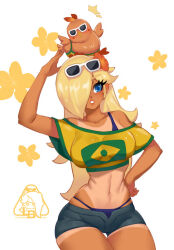  animal_on_head arm_up bikini bikini_under_clothes black_shorts blonde_hair blue_bikini blue_eyes blush brazilian_flag brazilian_flag_print brazilian_miku brazilian_miku_(cosplay) breasts cosplay cowboy_shot female flower hair_flower hair_ornament hair_over_one_eye hand_on_own_hip hatsune_miku large_breasts little123blood long_hair looking_at_viewer mario_(series) midriff navel off-shoulder_shirt off_shoulder on_head one-piece_tan parted_lips print_shirt red_flower rosalina shirt short_sleeves shorts shorts_tan solo sunglasses super_mario_galaxy swimsuit tan tanlines very_long_hair vocaloid white-framed_eyewear white_background yellow_shirt 