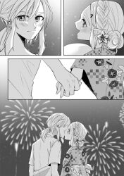  1boy blush braid couple crown_braid female fireworks flower greyscale hair_between_eyes hair_bun hair_flower hair_ornament hair_tie hairclip highres holding_hands japanese_clothes kimono kissing link looking_at_another low_ponytail medium_hair monochrome open_mouth parted_bangs pointy_ears princess_zelda screentones short_sleeves sidelocks smile straight the_legend_of_zelda the_legend_of_zelda:_breath_of_the_wild thick_eyebrows upper_body wide-eyed zmauuchan 